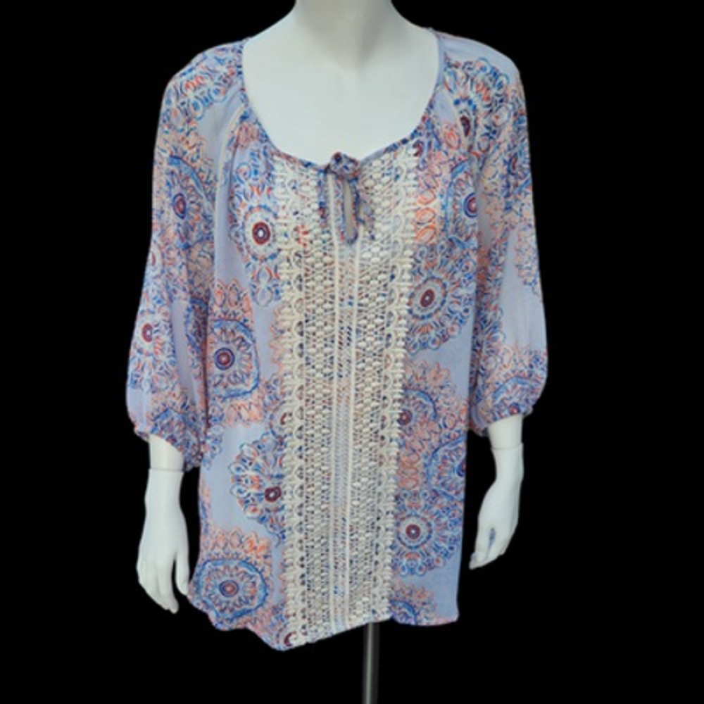 Dept 222‎ Women's Blouse Boho Pattern Lace Keyhole Detail Size 1X Blue Orange